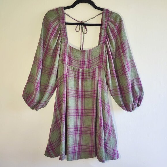 Urban Outfitters Plaid Babydoll Mini Dress Puff Sleeves School Girl Grunge Small - Picture 2 of 7